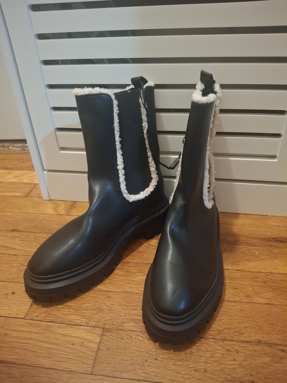 Express Black Chelsea Boots with White Faux-Shearling Trim